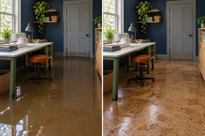 Water Extraction in Copperas Cove — standing water before pickup and damp floor after